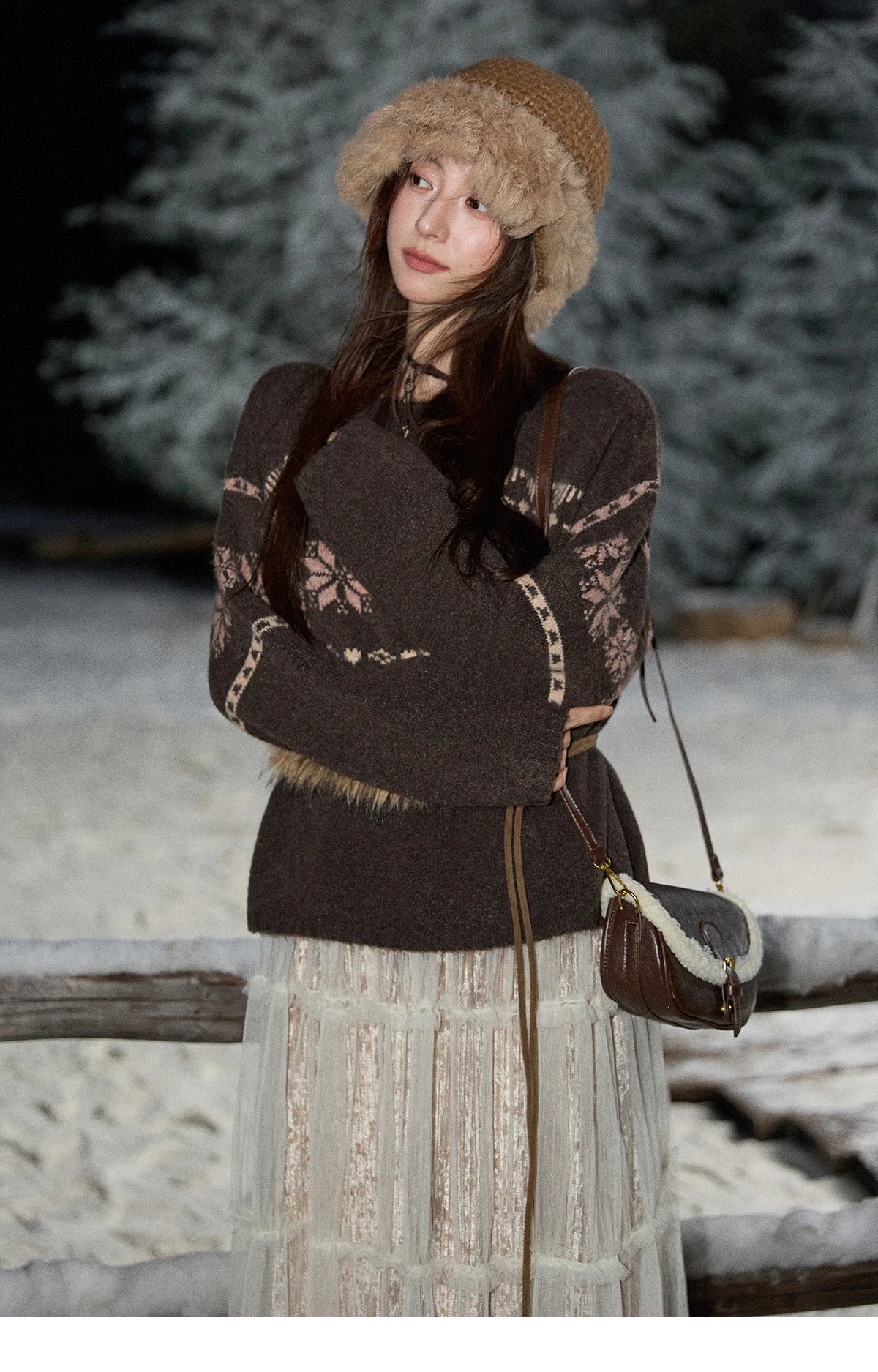 Mishow Brown Snowflake Jacquard Crew Neck Pullover MXE86Z2655