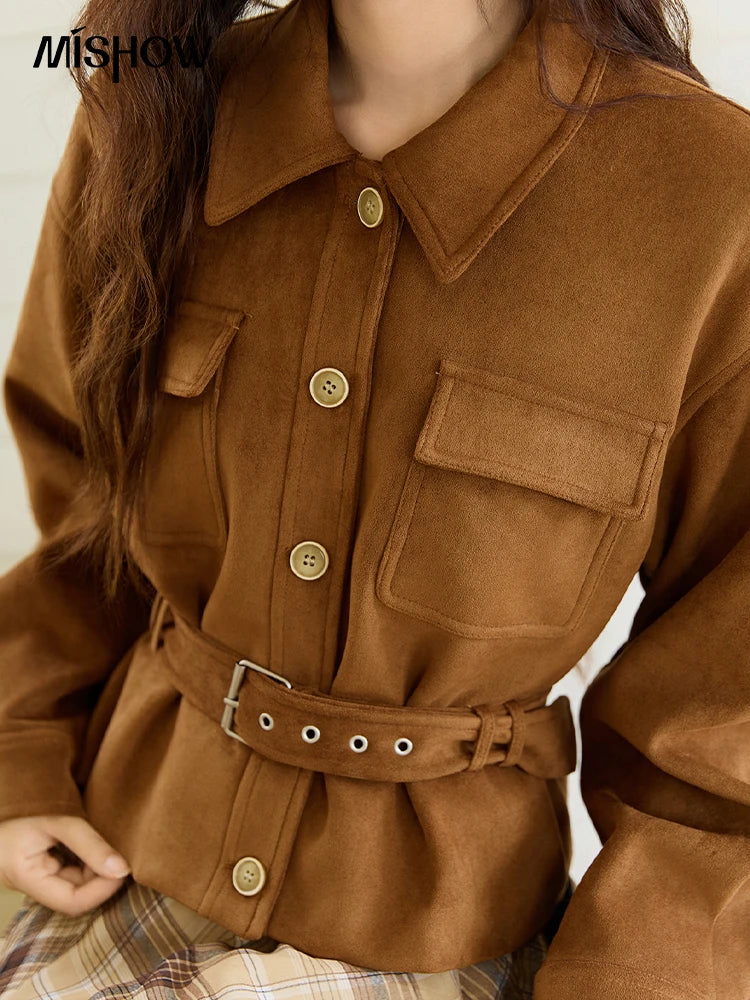 MISHOW Brown Lapel Jacket Metal Button Decorated Windproof MXE46W0864