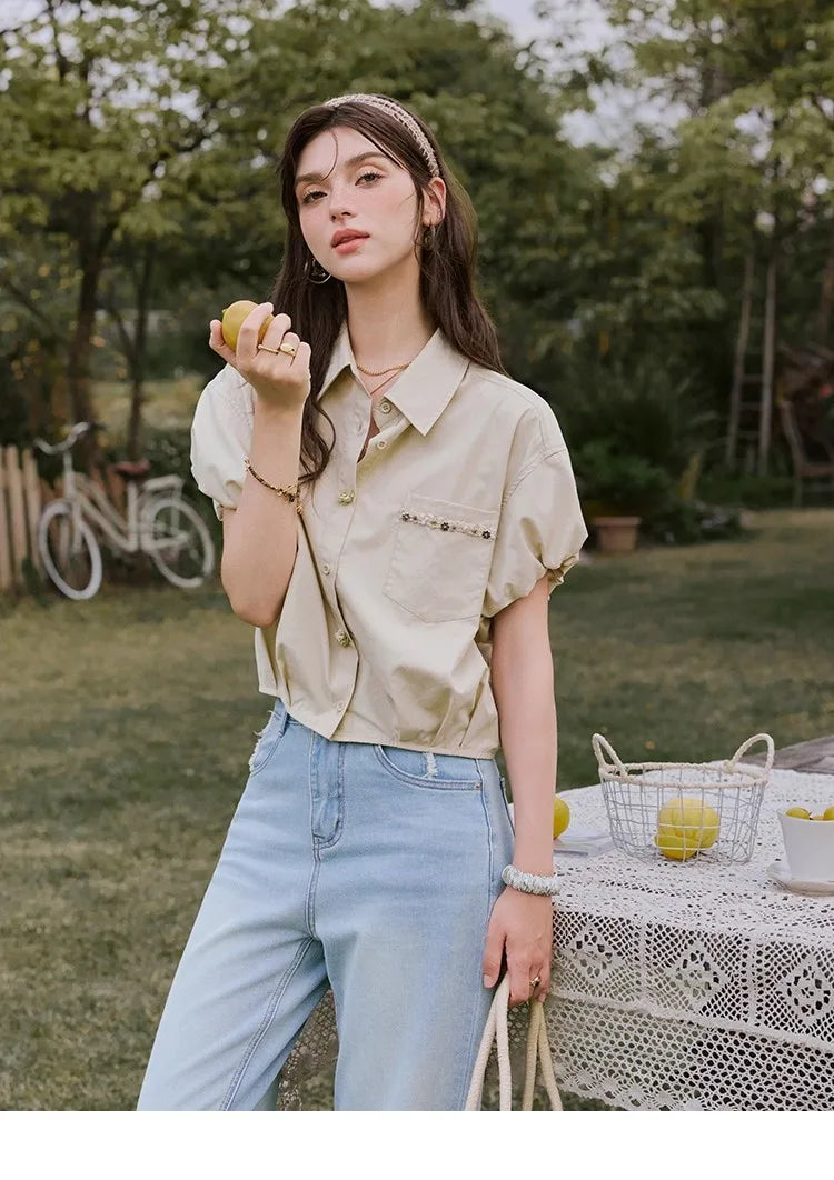 MISHOW Short Puff Sleeve Blouse Turn Down Collar Shell Ribbon MXE33C0773