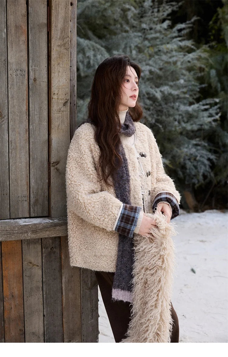 Mishow Plaid Patchwork Curly Lambswool Coat MXE87W0939