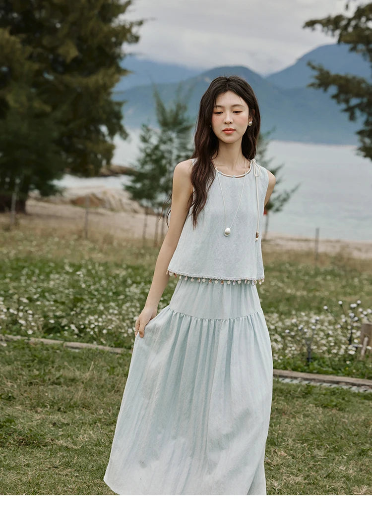 Mishow Sleeveless Round Neck Vest & Solid Midi Skirt Set MXE33T0526