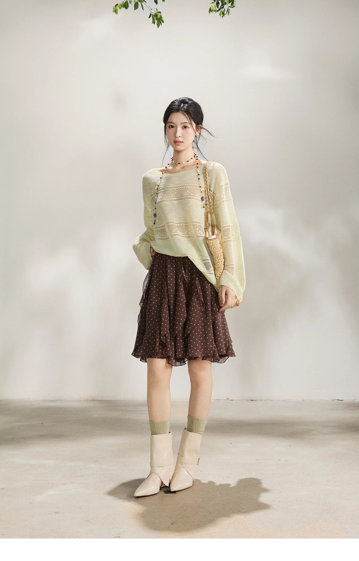 Mishow Brown Polka Dot Ruffled Chiffon Mini Skirt MXF13B2476
