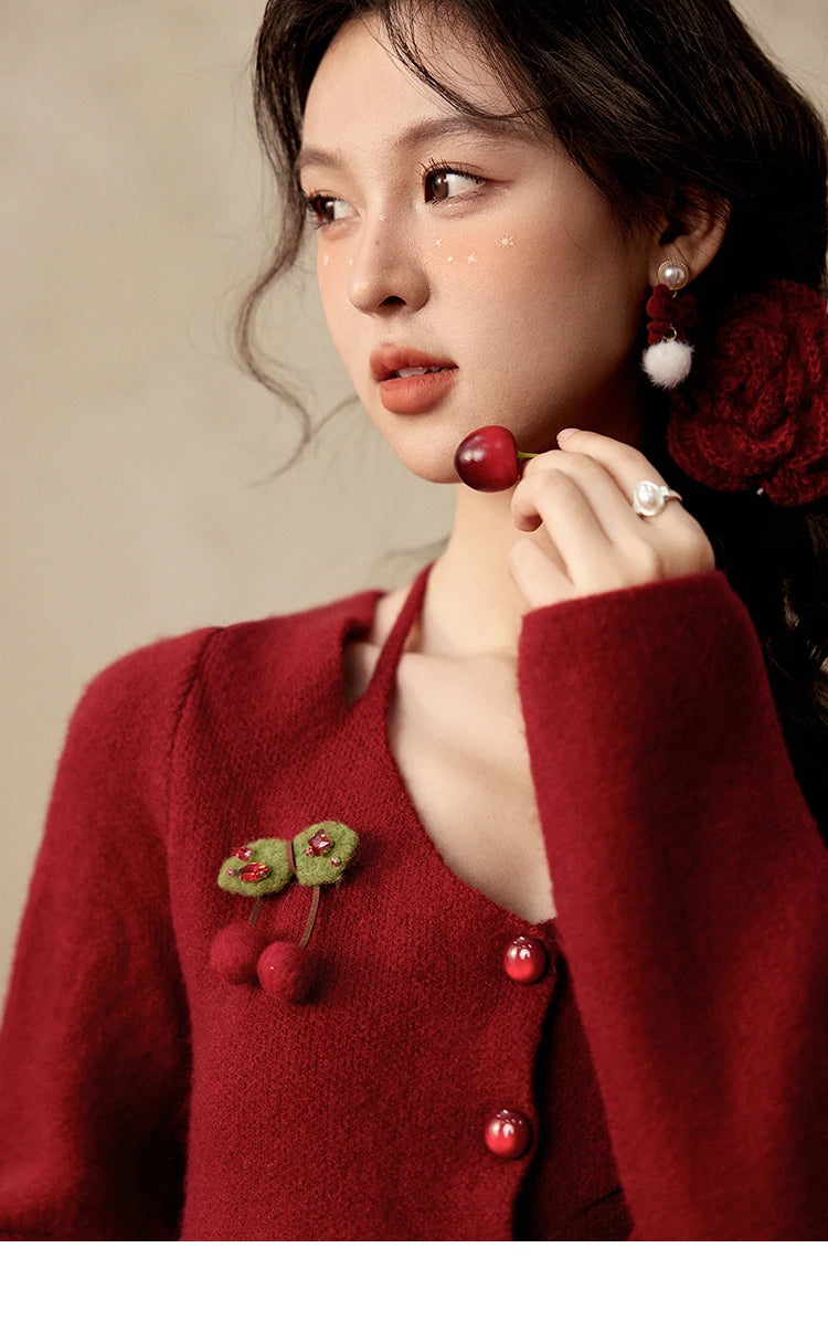 Mishow Red Cherry Ornament Slim V-Neck Cardigan MXD112Z1006
