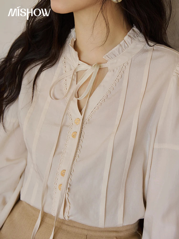 MISHOW Women's 100% Lyocell Apricot Shirt V-Neck Flare Sleeve MXE41C2351