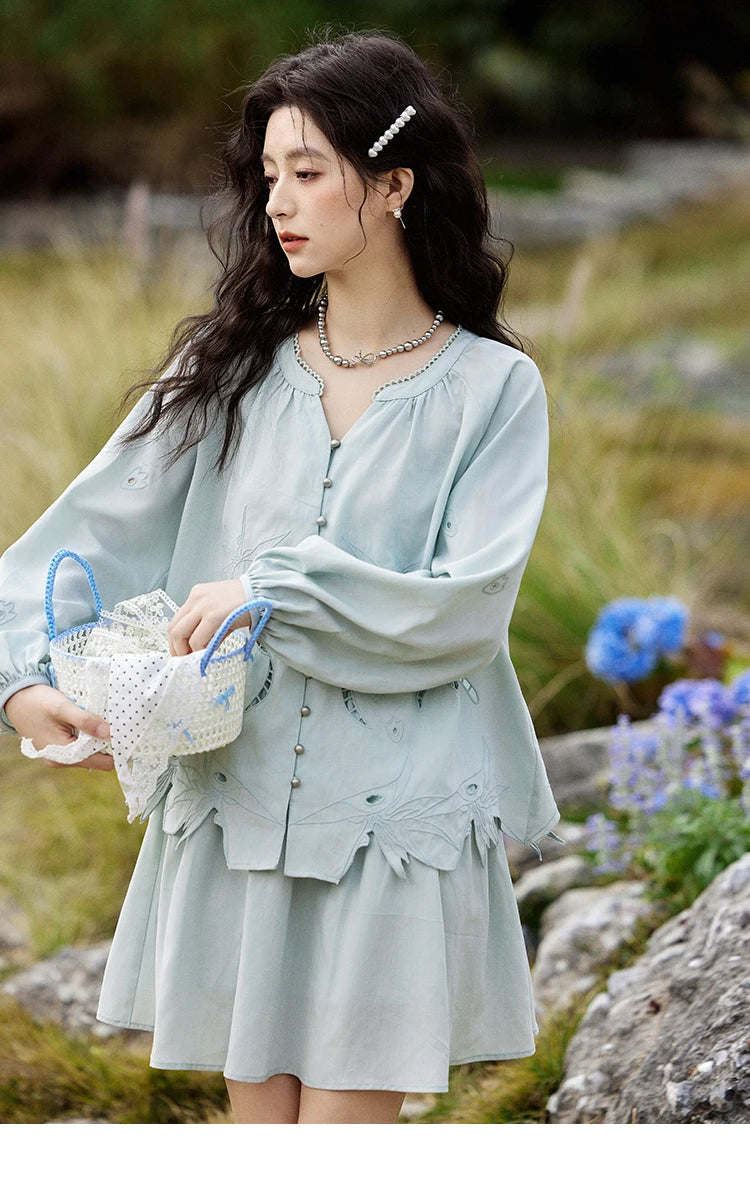 Mishow Vintage Hollow Embroidery Blouse & Solid A-Line Skirt Set MXE12T0455
