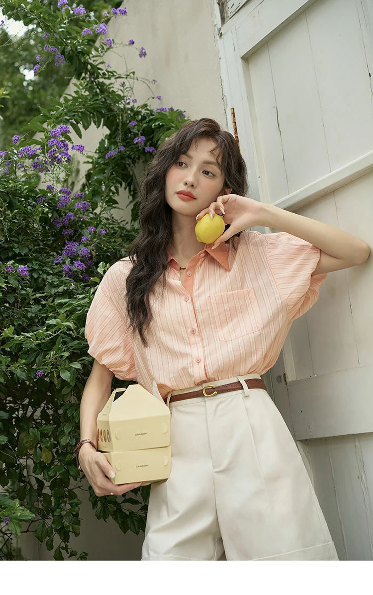MISHOW Hong Kong Retro Pink Striped Shirt Bubble Sleeve Lapel MXD28C0250
