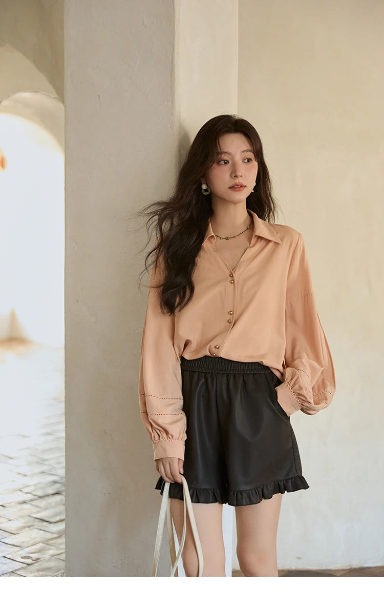 MISHOW Women's Lantern Sleeve Hollow Out Shirt Lapel Solid Top MXE41C2359