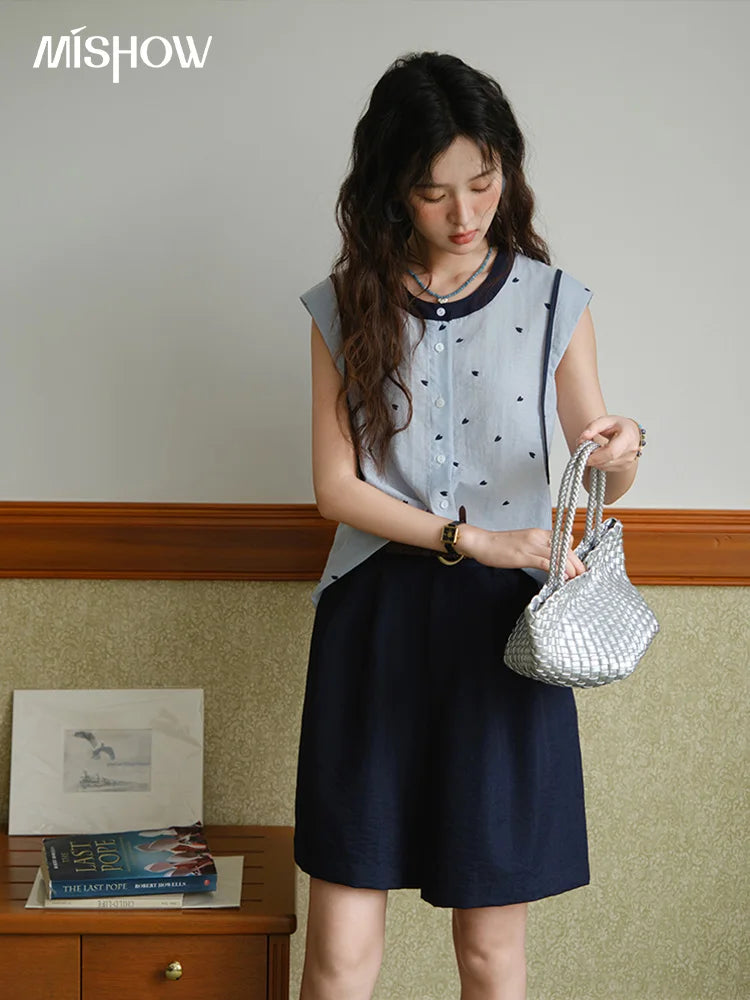 Mishow Sleeveless Button Shirt & High Waist A-Line Shorts Set MXE37T0656