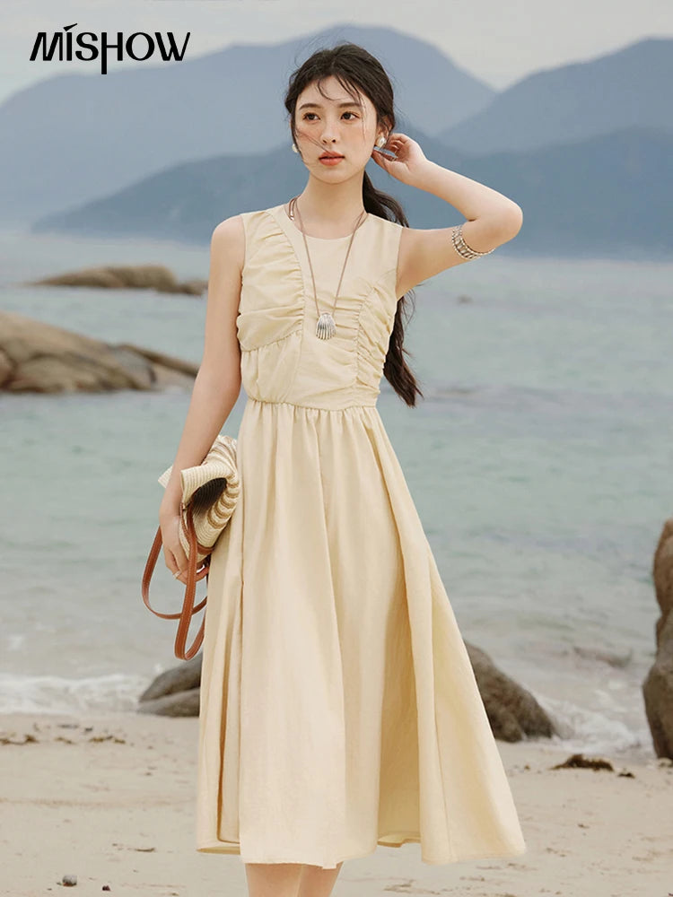 Mishow Solid Sleeveless Belted Office Dress MXE31L2188