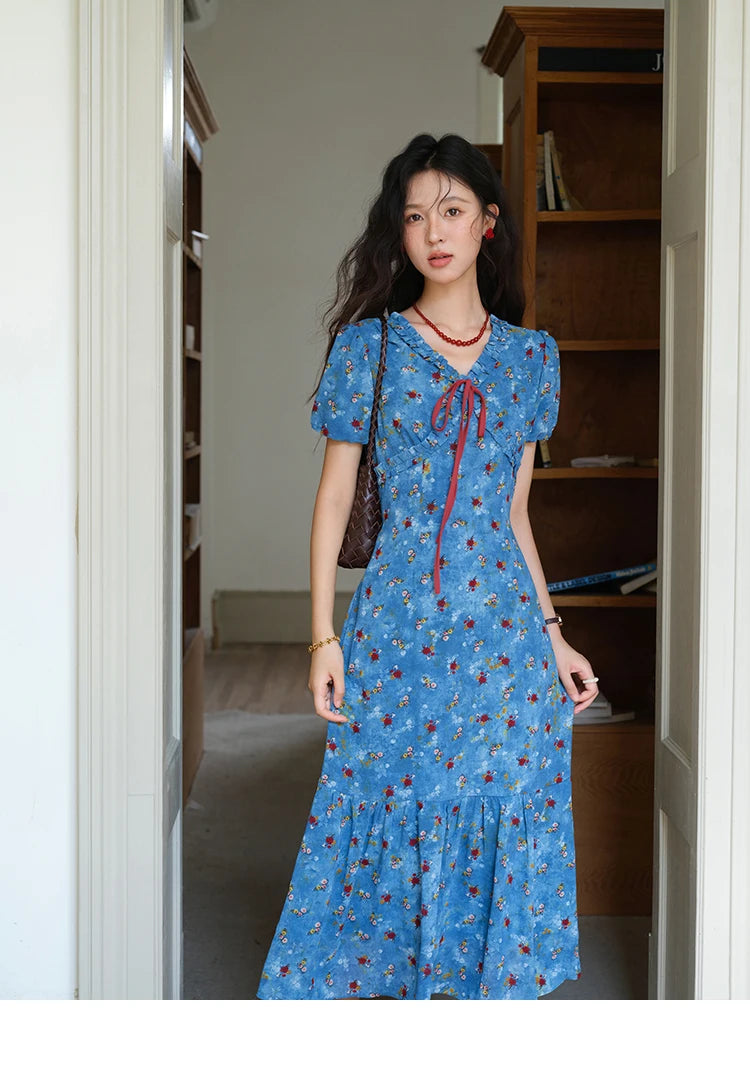 Mishow V-Neck Lace-Up Puff Sleeve Chiffon Dress MXE39L2401