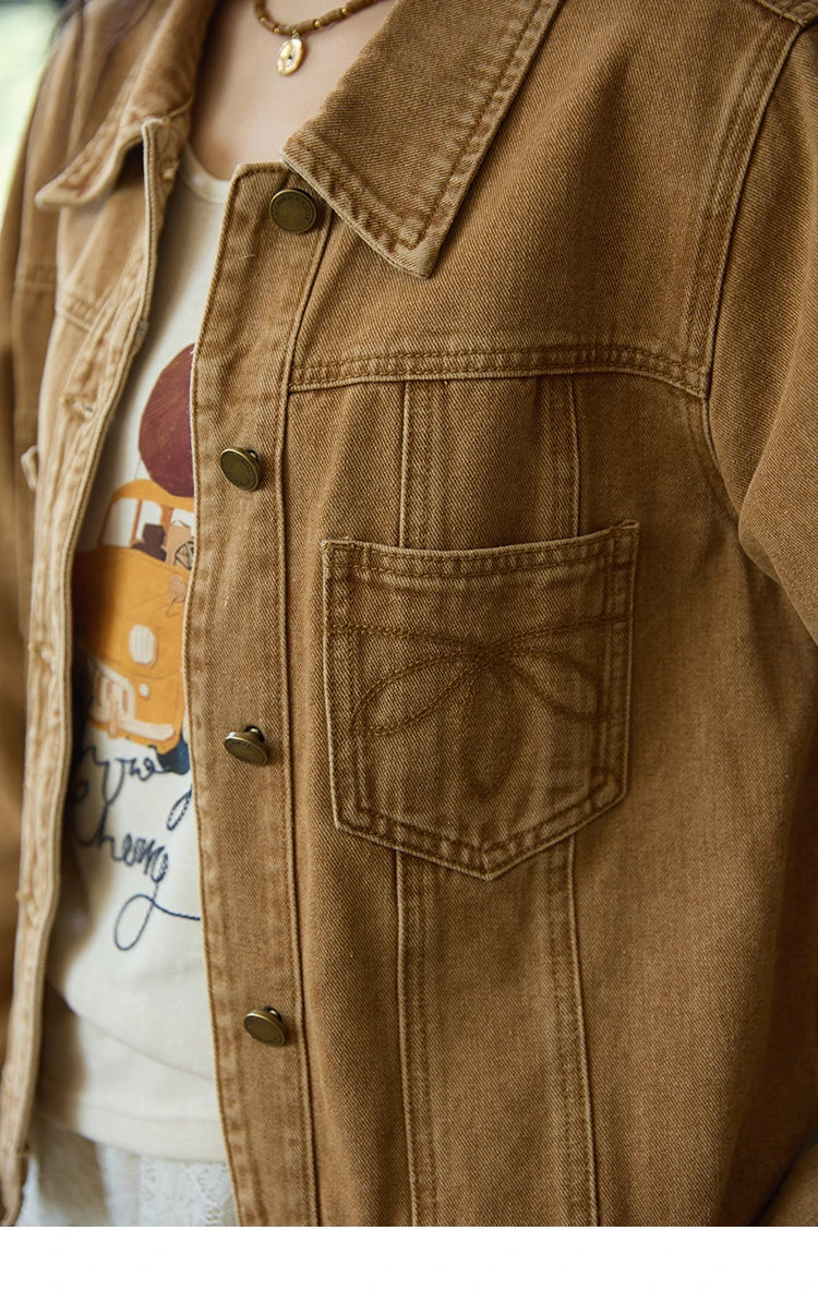 MISHOW Light Brown Denim Jacket Embroidered Pockets Dropped Sleeve MXE41W0795