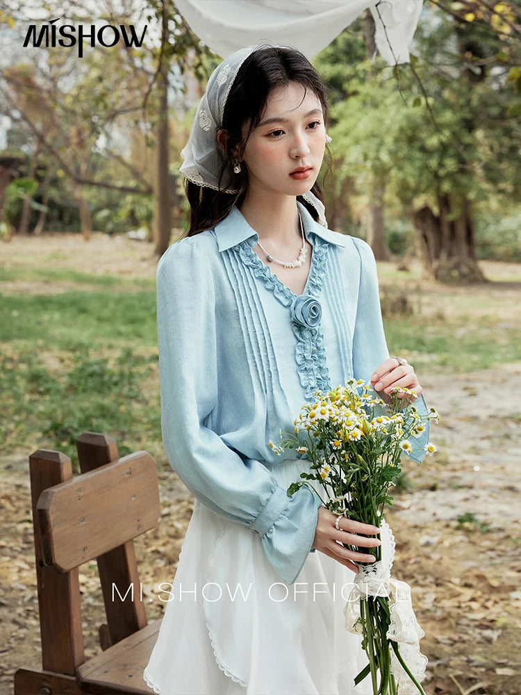MISHOW V-Neck Long Flare Sleeve Solid Blouse MXE14X1730