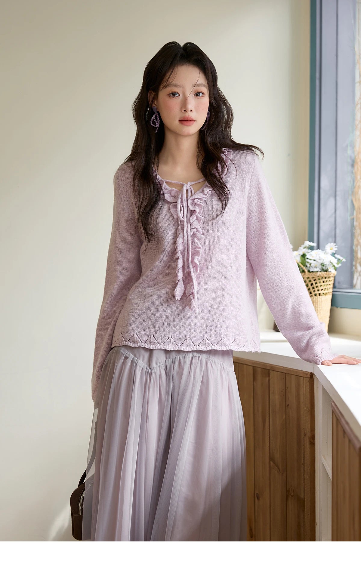 Mishow Beige V-Neck Wood Ear Hollow Sweater MXE51Z2595