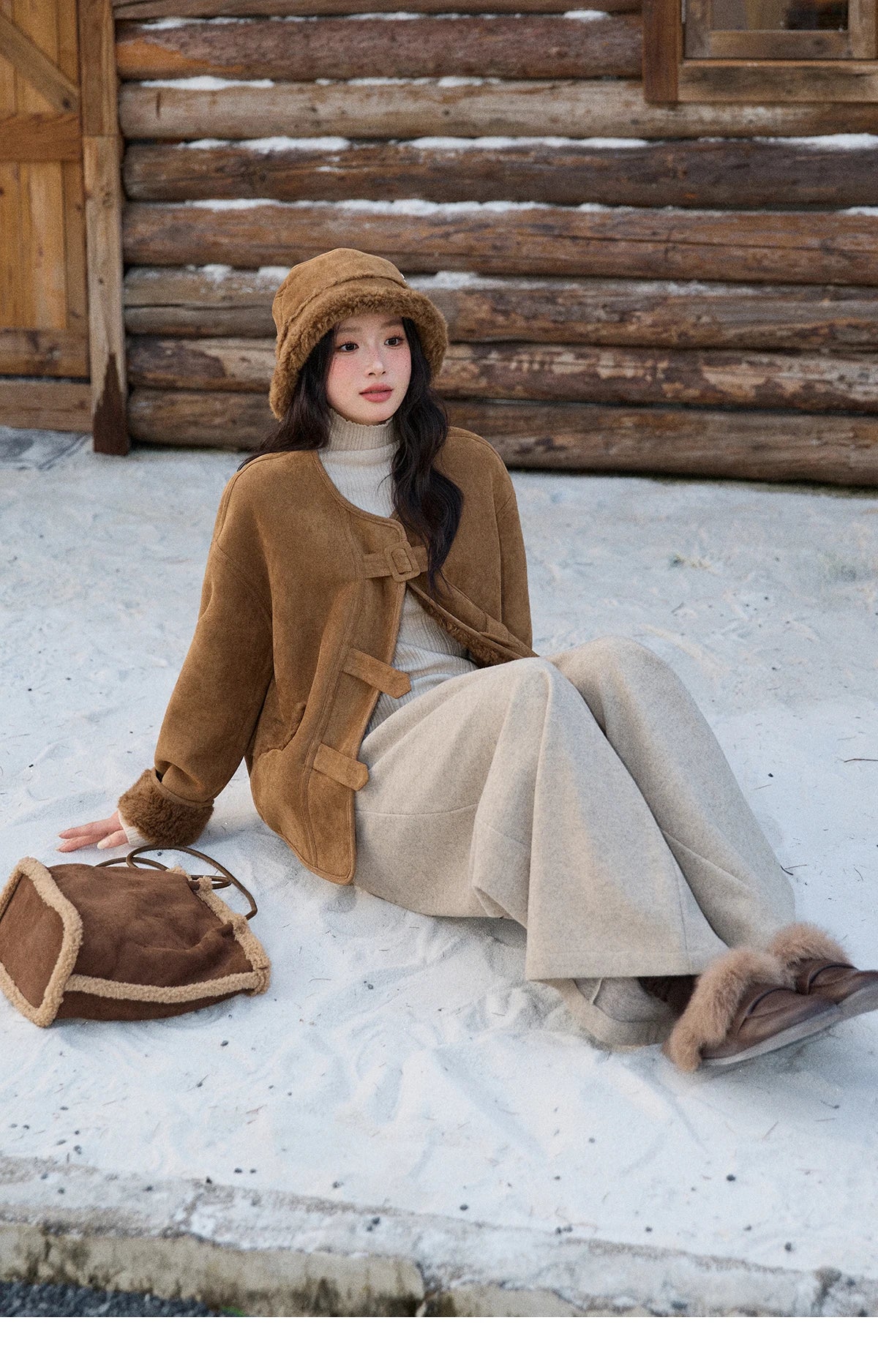 MISHOW Brown Round Neck Coat Button Pockets Loose Windproof MXE90W0994