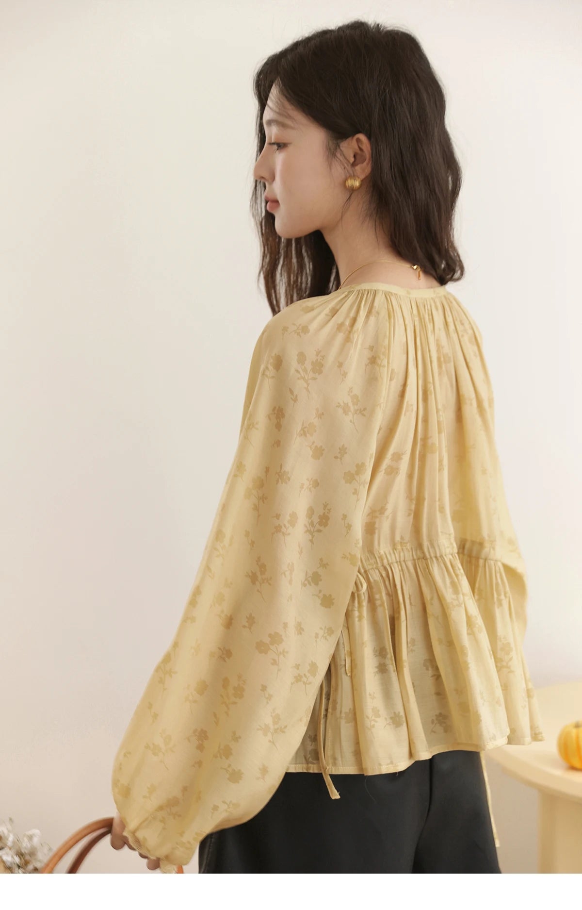 MISHOW Yellow Print Shirt Lantern Sleeve Drawstring Waist MXE45X2499