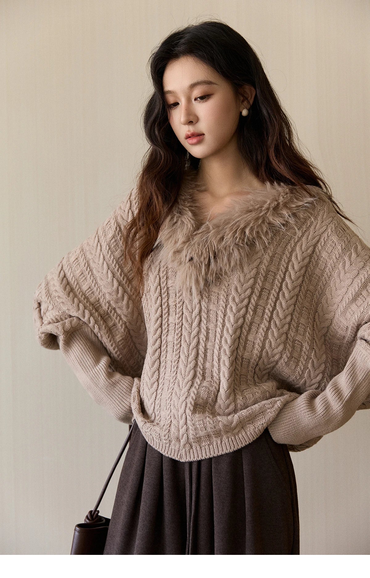 Mishow Faux Fur Collar Batwing Cable Knit Pullover MXE94Z2985