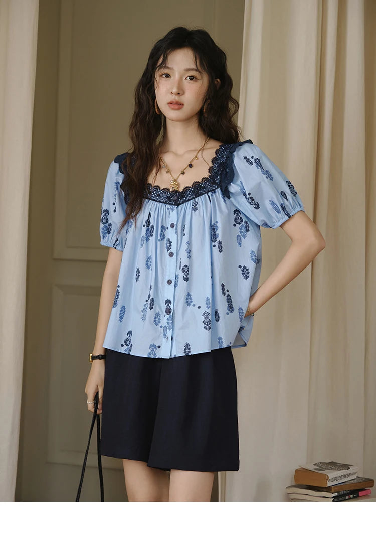 MISHOW Print Cotton Shirt Puff Sleeve Lace Splicing MXE35X1842