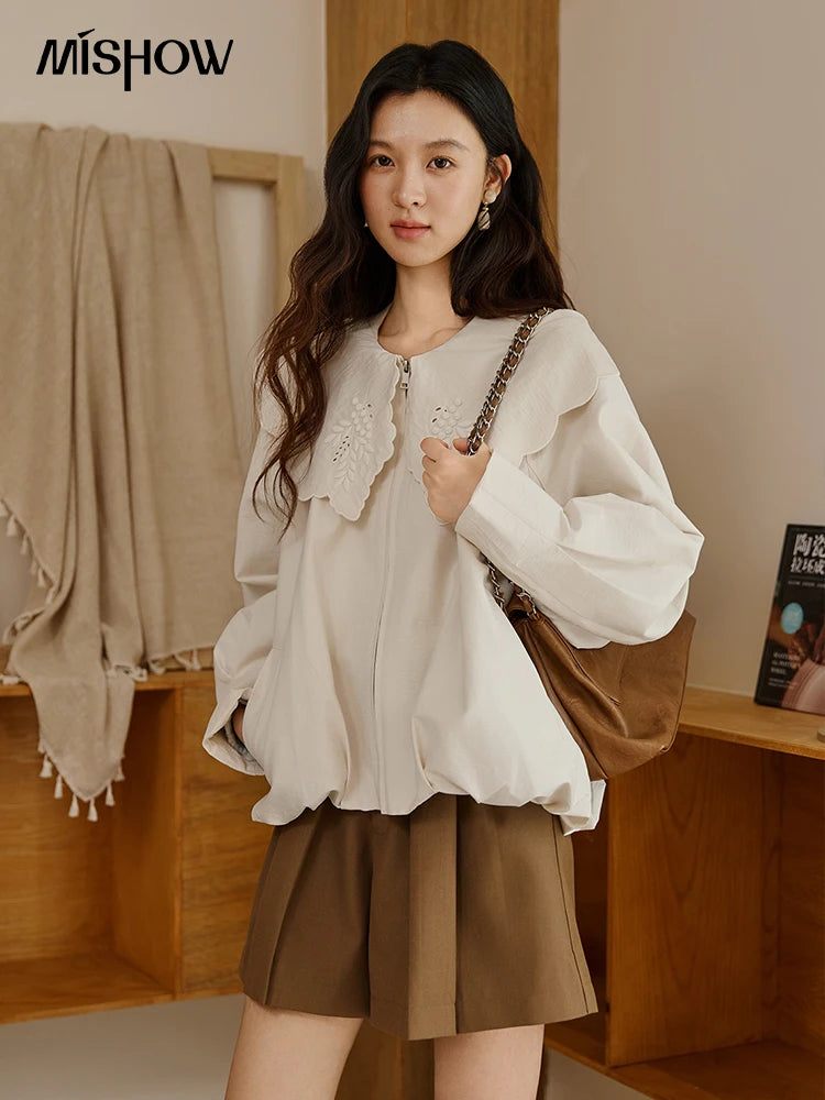 MISHOW Wheat Sprout Embroidery Coat Doll Collar Hem Folded Zipper MXE45W0860