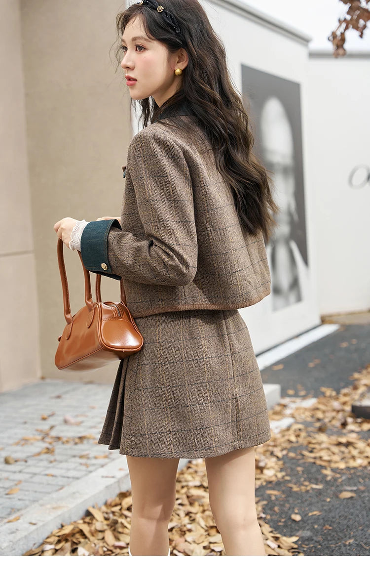 Mishow Fashion Retro Plaid Wool Jacket & Half Pleated Skirt Set MXC47W0154