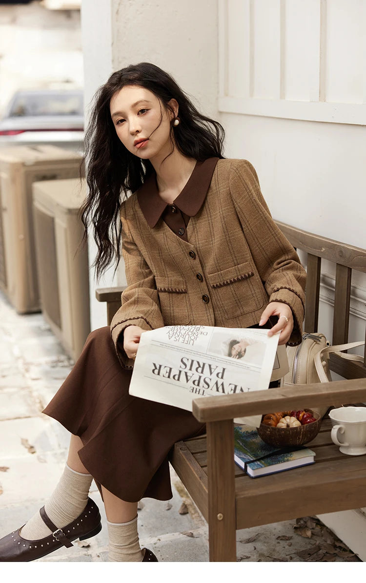 Mishow Plaid Tweed Jacket & Pleated Midi Skirt Set MXD46W0460