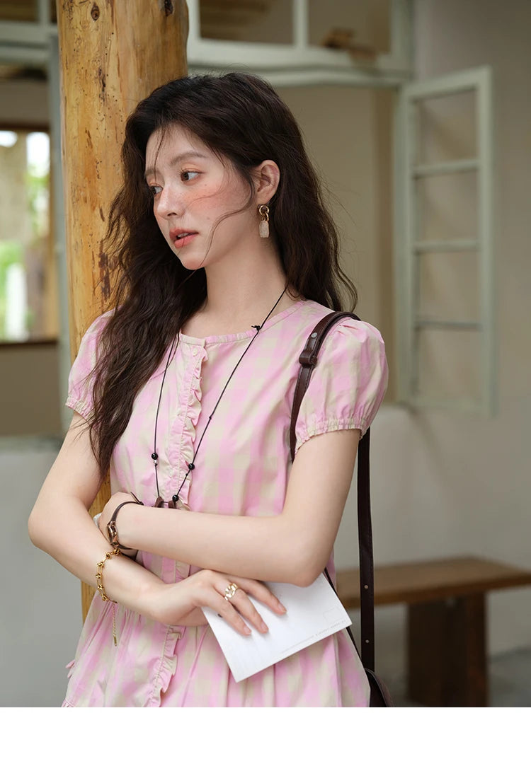 MISHOW Pink Plaid Puff Sleeve Shirt O-Neck Button MXE39X1932