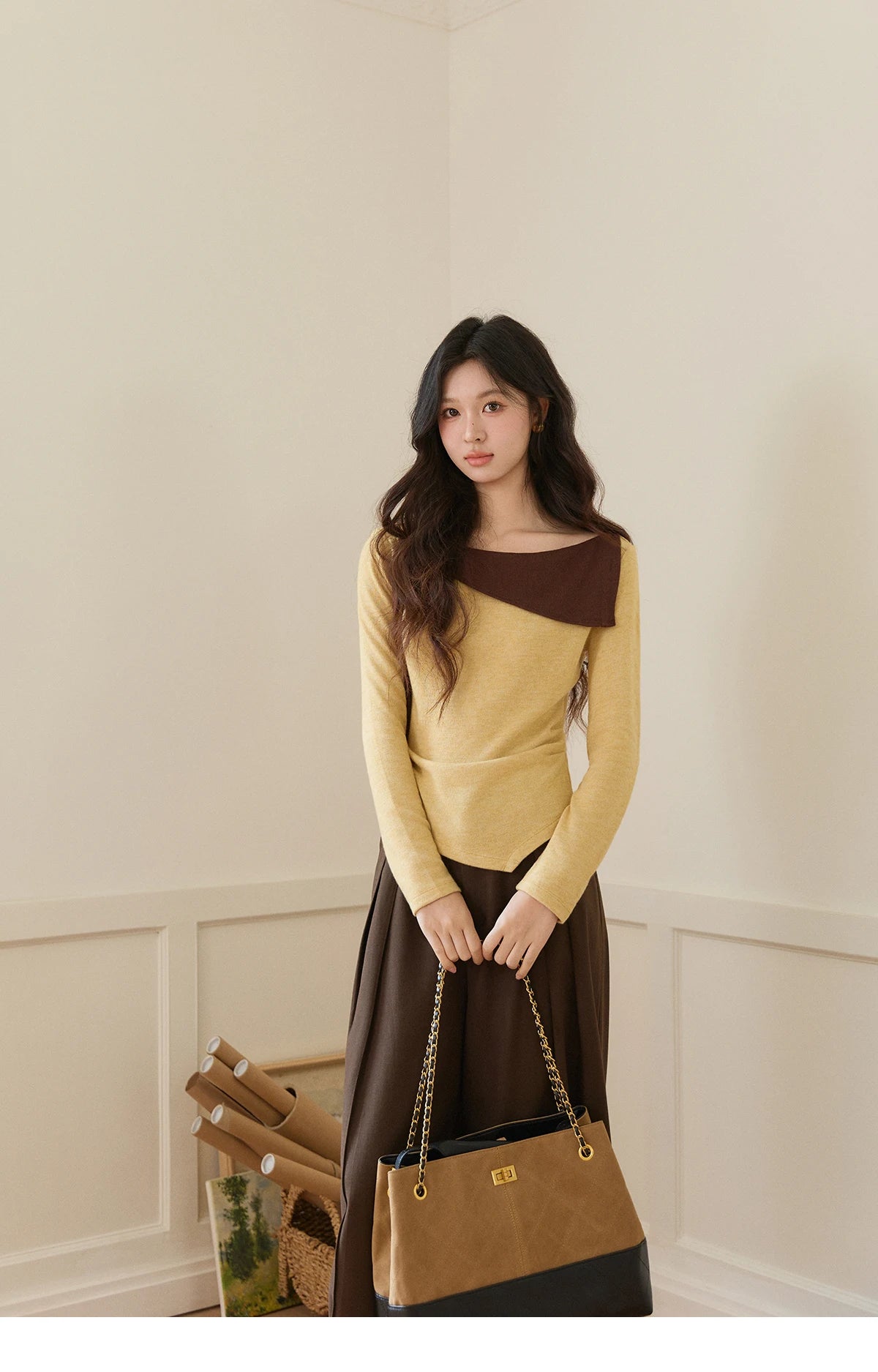 Mishow Yellow Brown Contrast Oblique Collar Knit Top MXF11Z2911