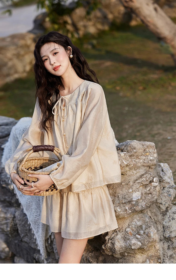 Mishow Iris Embroidery Blouse & Elastic Waist Skirt Set MXE13T0454