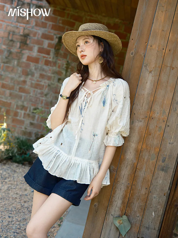 MISHOW V-Neck Lace Up Blouse Embroidery Mushroom Edge MXE39X1959