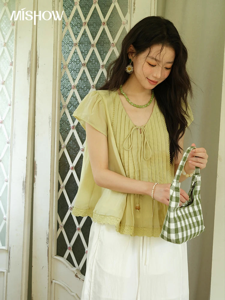 MISHOW V-Neck Lace Up Blouse Flying Sleeve Lace MXE37X1855
