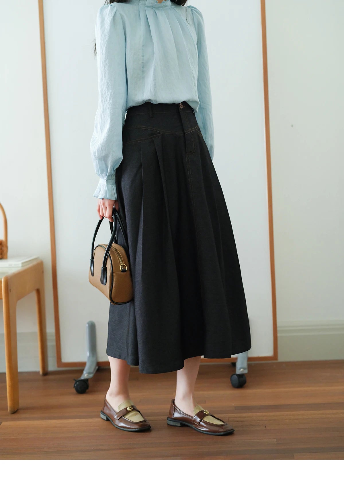 MISHOW High Waist Pleated Umbrella Denim Skirt A-LINE MXE41B2372