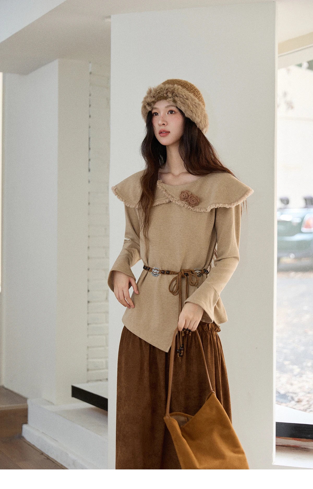 Mishow Retro Brown 3D Flower Decoration Round Neck Top MXE51Z2593