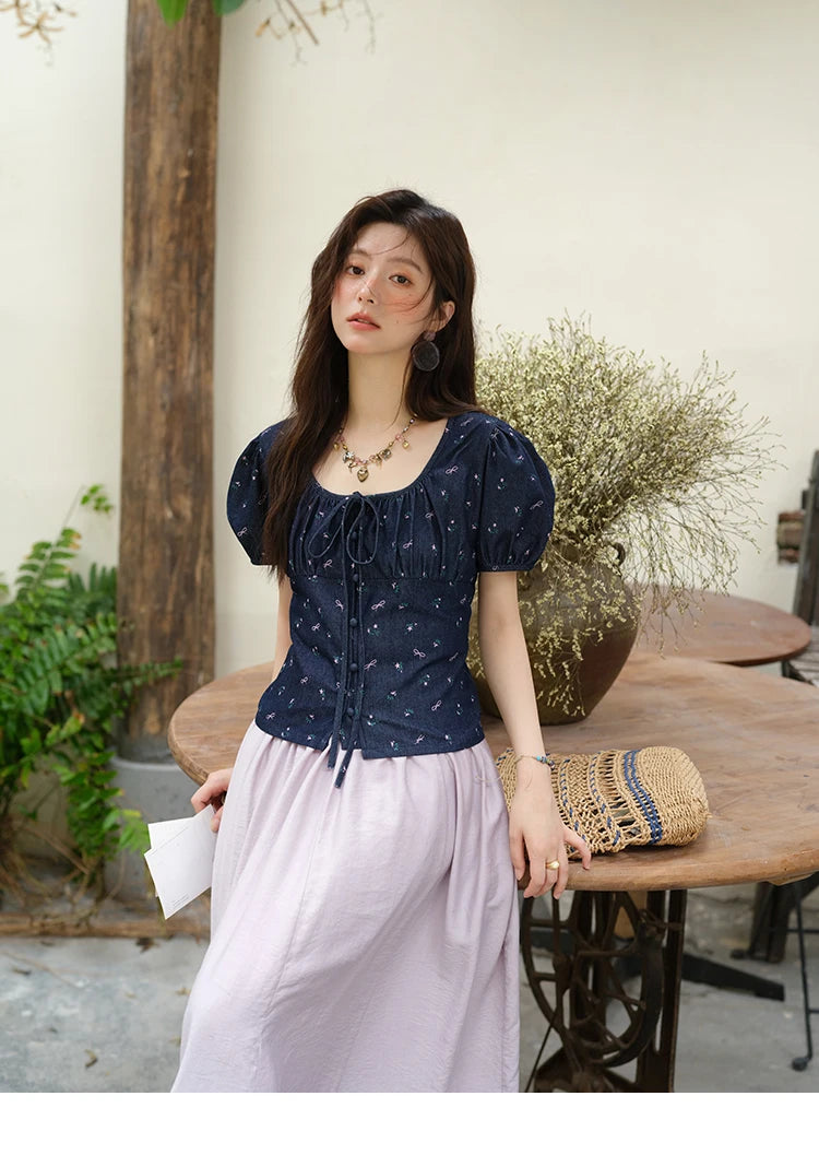 MISHOW Puff Sleeve Square Neck Blouse Lace Up Print Denim MXE39X1933
