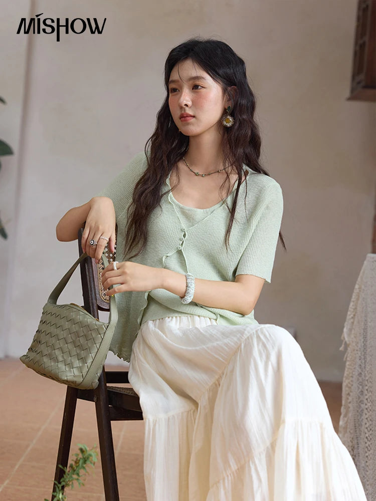Mishow Mint Green Fake Two-Piece Short Sleeve Cardigan MXE36Z1286
