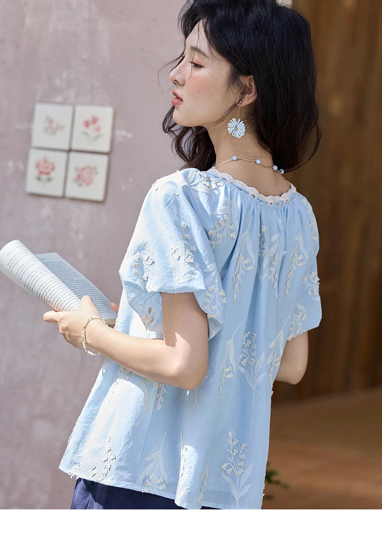 MISHOW Blue Cotton Embroidered Blouse Wave Edged O-Neck MXE35X1791