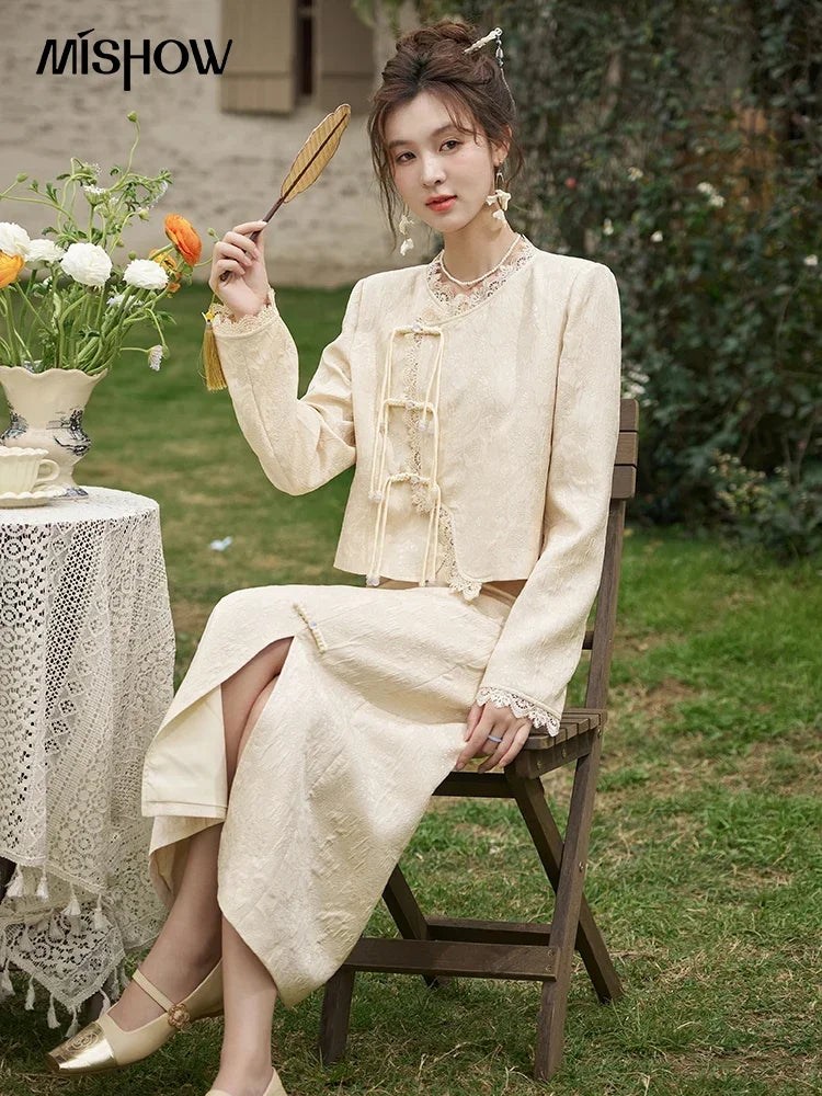 Mishow Chinese Lace Edge Jacket & Front Split Midi Skirt Set MXD15W0370