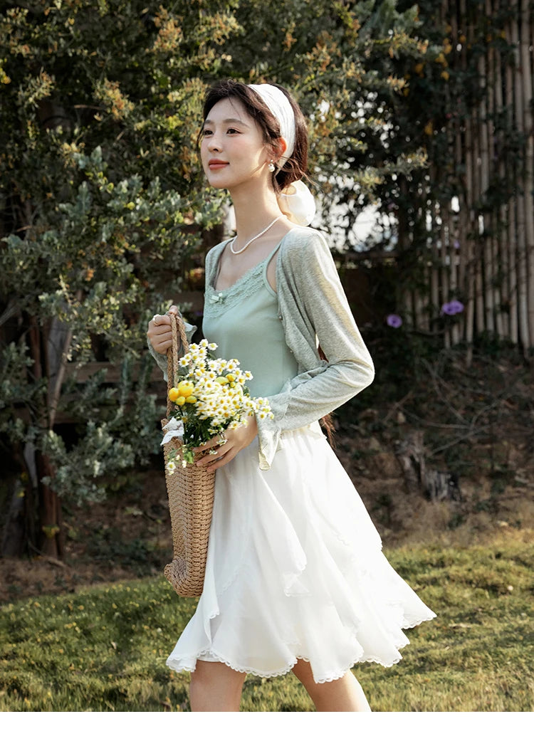 Mishow Light Green Lace Bow Camisole & Cardigan Set MXE15T0504