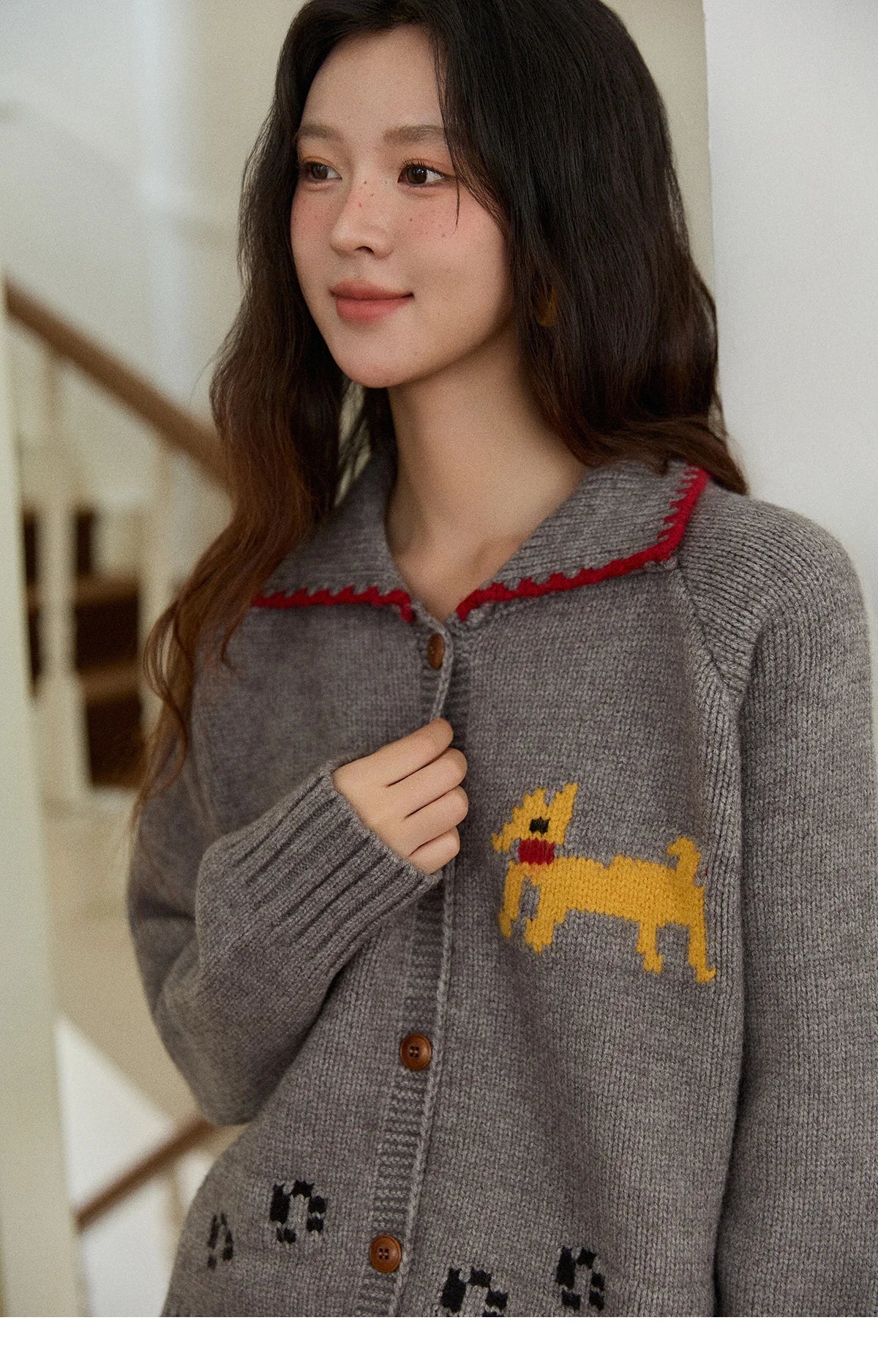 Mishow Dog Cartoon Jacquard Turn-Down Cardigan MXE86Z2727