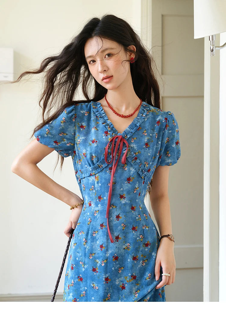 Mishow V-Neck Lace-Up Puff Sleeve Chiffon Dress MXE39L2401