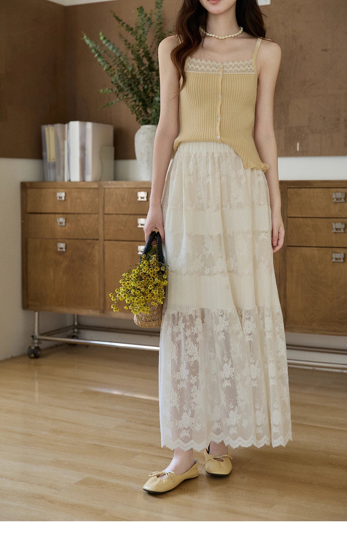 MISHOW Cream Lace Maxi Skirt Floral Embroidery Tiered Ruffled MXF11B2462