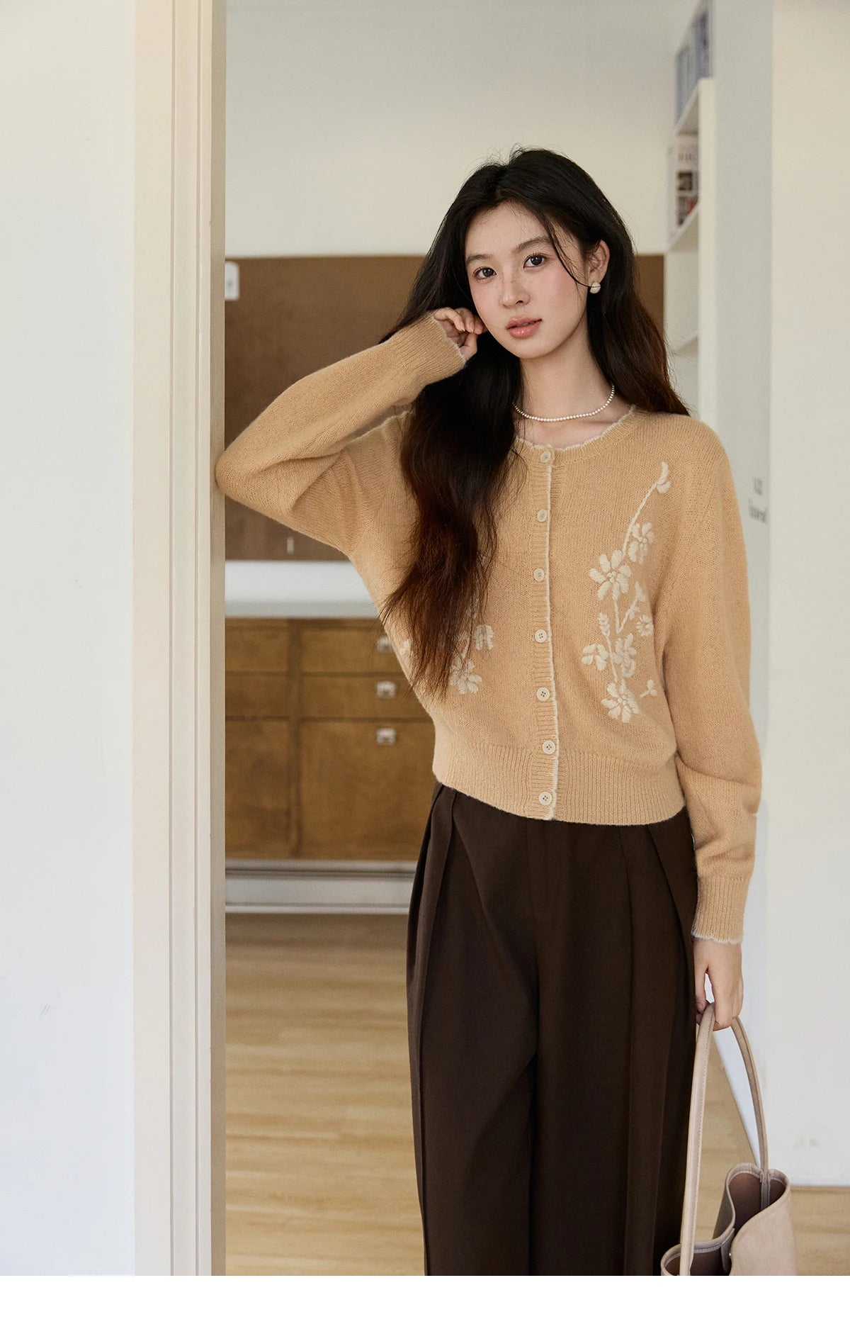 Mishow Camel Floral Embroidery Crew Neck Cardigan MXF11Z2896