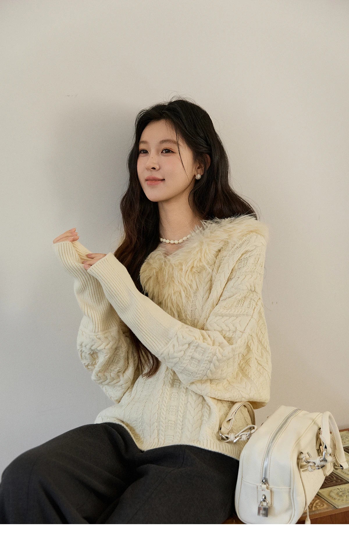 Mishow Faux Fur Collar Batwing Cable Knit Pullover MXE94Z2985