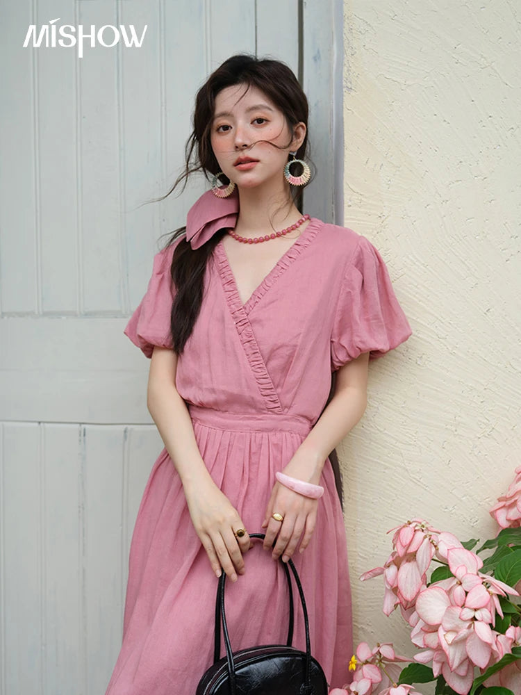 Mishow V-Neck Puff Sleeve Pocket Sash Dress MXE39L2381