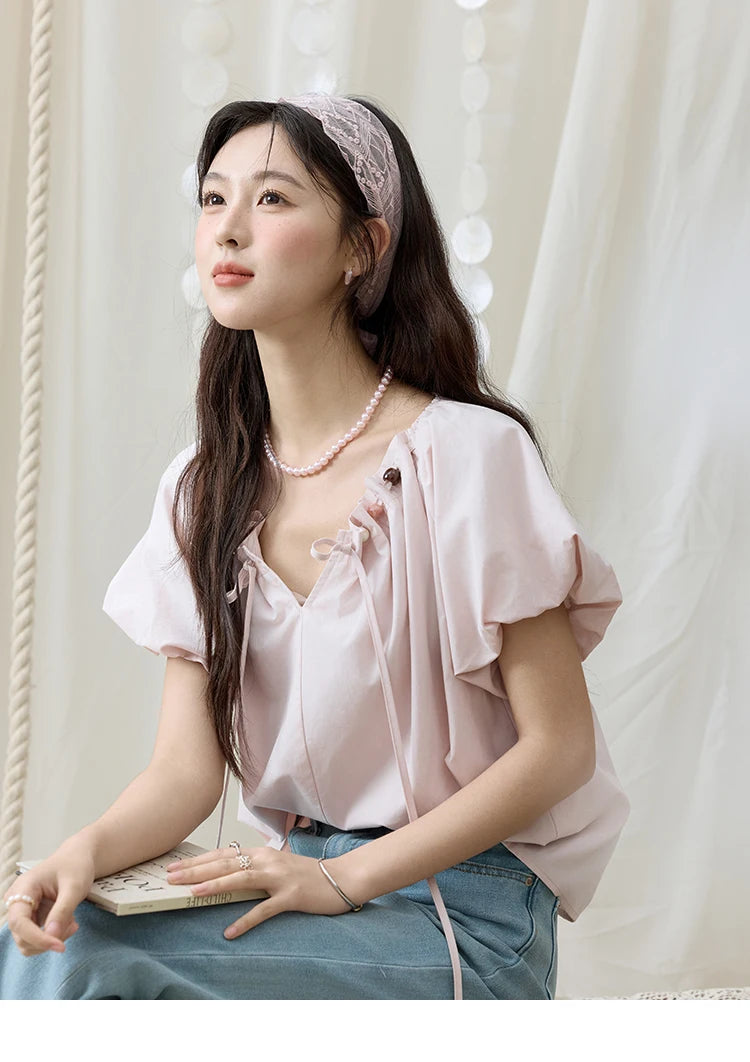 MISHOW V-Neck Puff Sleeve Blouse Beaded Retro Top MXE33X1757