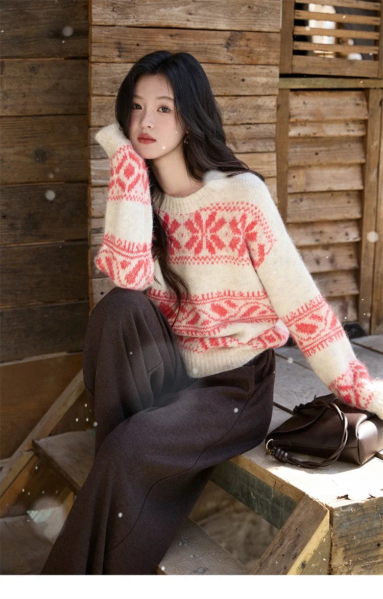 Mishow Christmas Beige White Geometric Jacquard Sweater MXE93Z2938