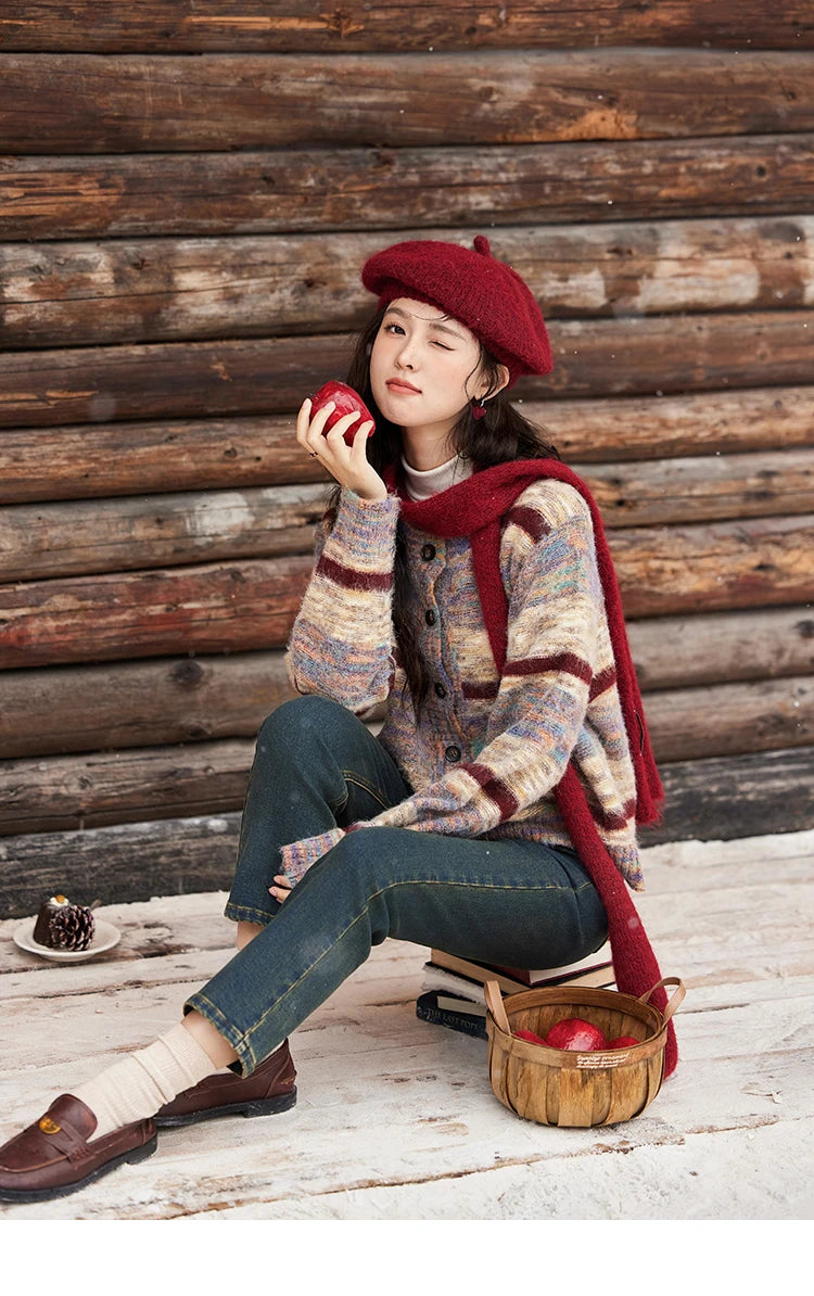 Mishow Striped Contrast Color O-Neck Cardigan MXD59Z1061