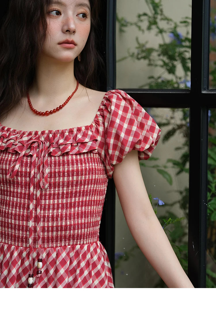 Mishow Retro Red Plaid Square Neck Lace Up Dress MXE39L2324