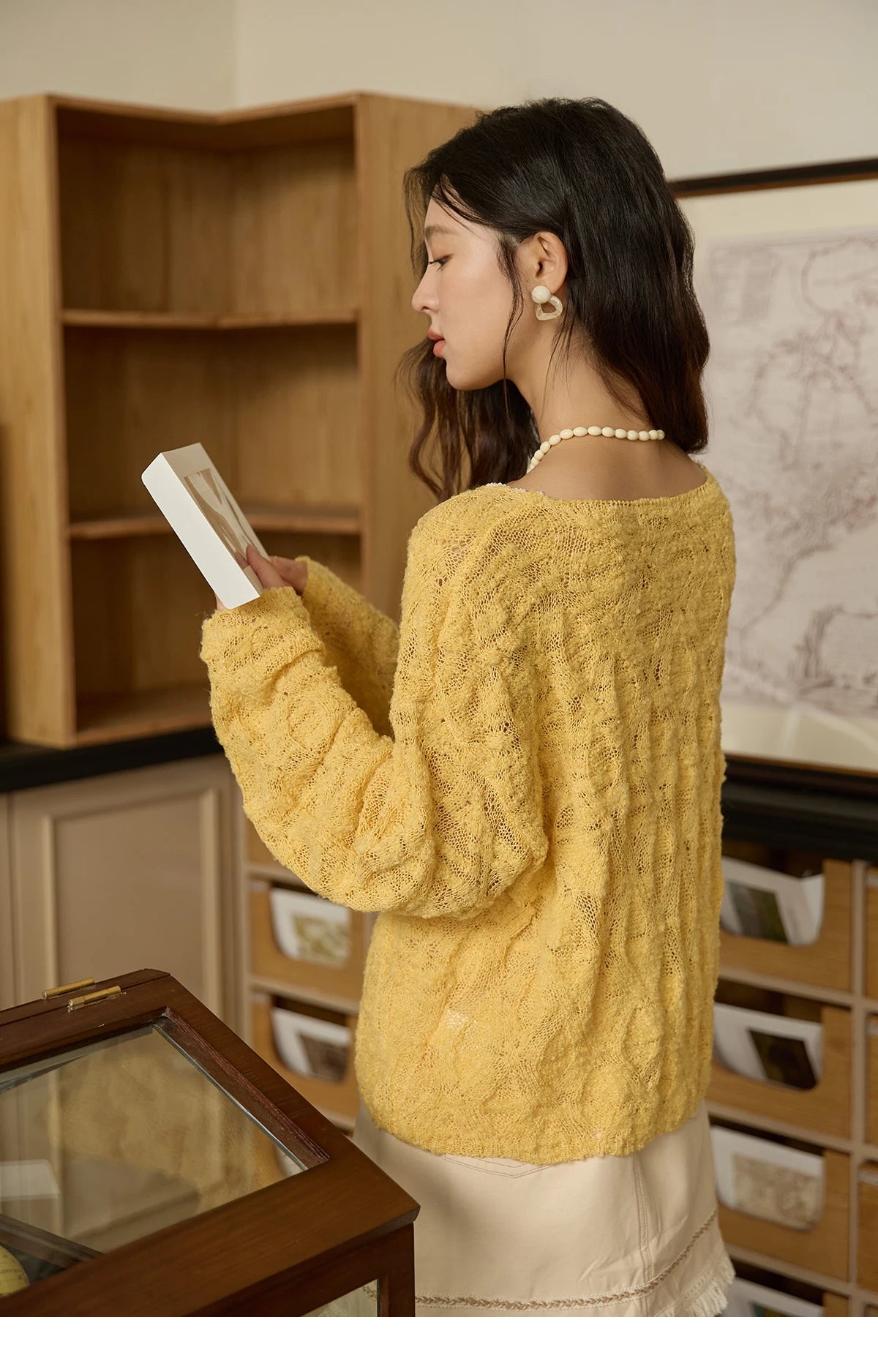 Mishow Bamboo Loop Yarn Hollow V-Neck Lace Sweater MXE43Z1349