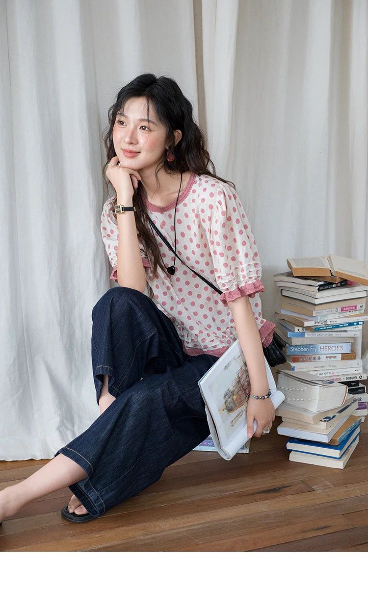 MISHOW Pink Polka Dot Puff Sleeve Blouse MXE37X1900