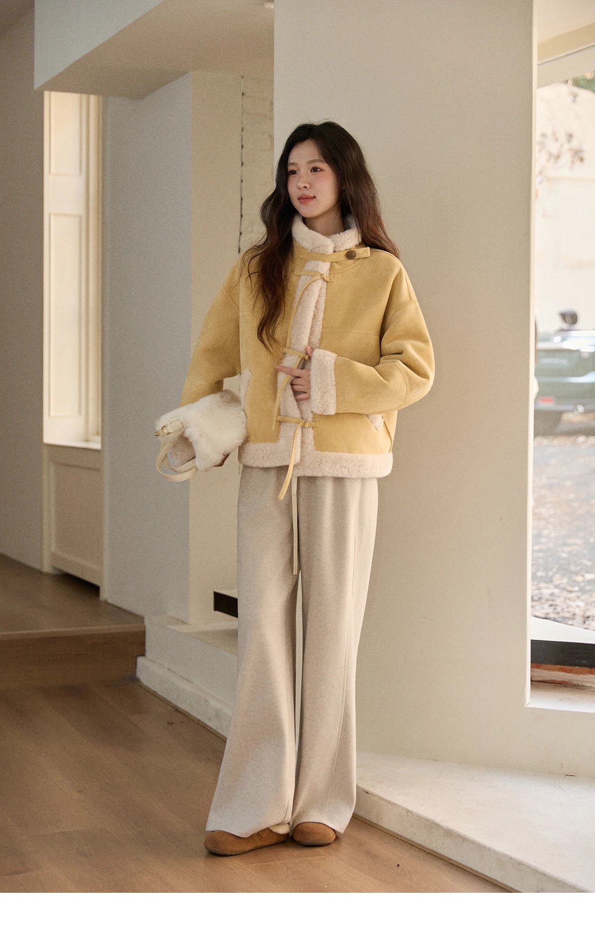 MISHOW Yellow Suede Fur Collar Short Coat Single-Breasted MXE89W0897