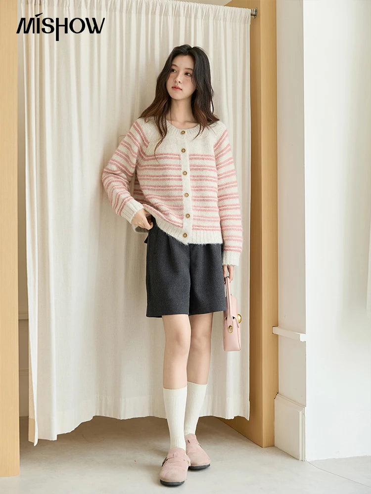 Mishow Pink Striped Wool Blend Cardigan MXE49Z2615